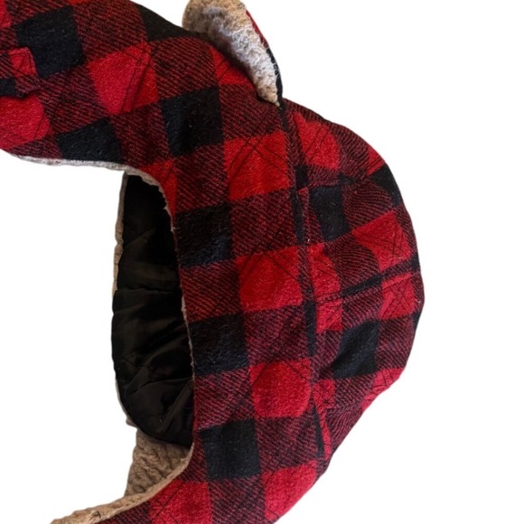 Kids (5-6) Red Black Buffalo Plaid Trapper Hat Winter Earmuff Sherpa Lined S M - Picture 6 of 7
